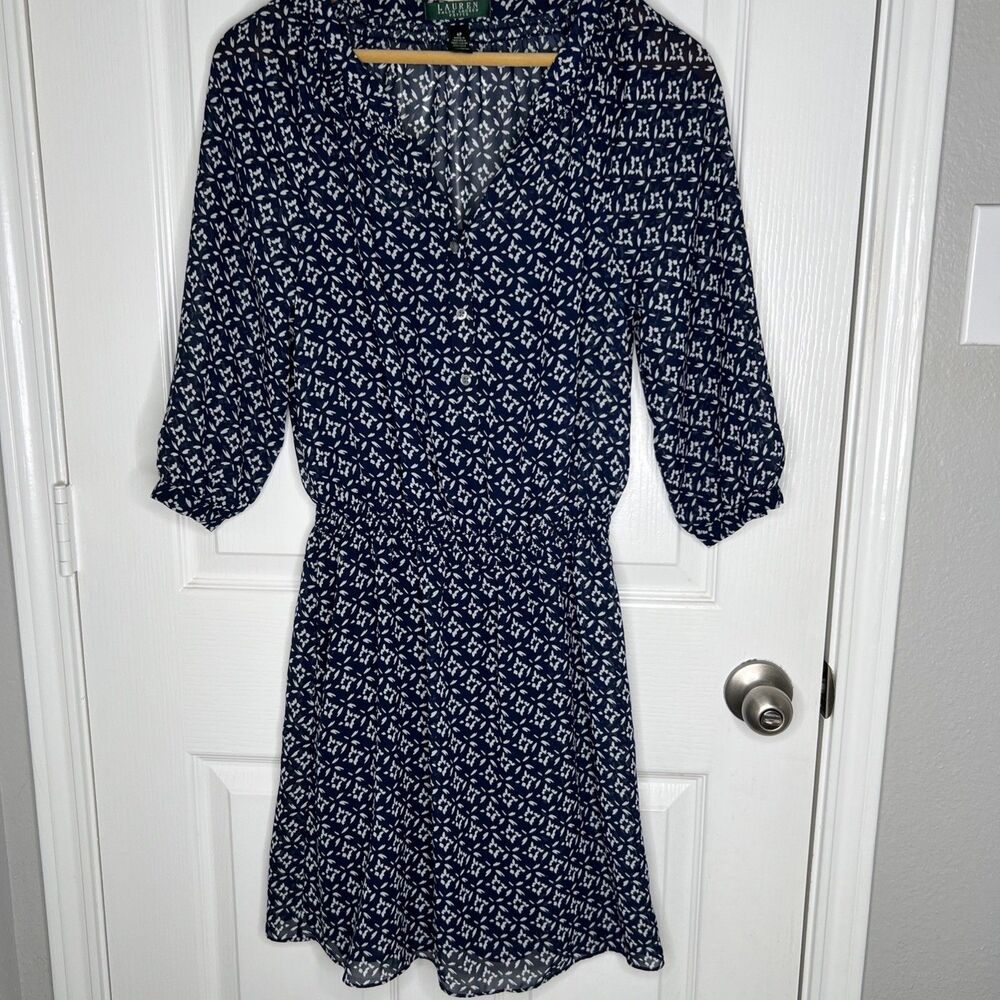 Lauren Ralph Lauren Chiffon Blouson Dress Women 4P Navy Blue White Floral